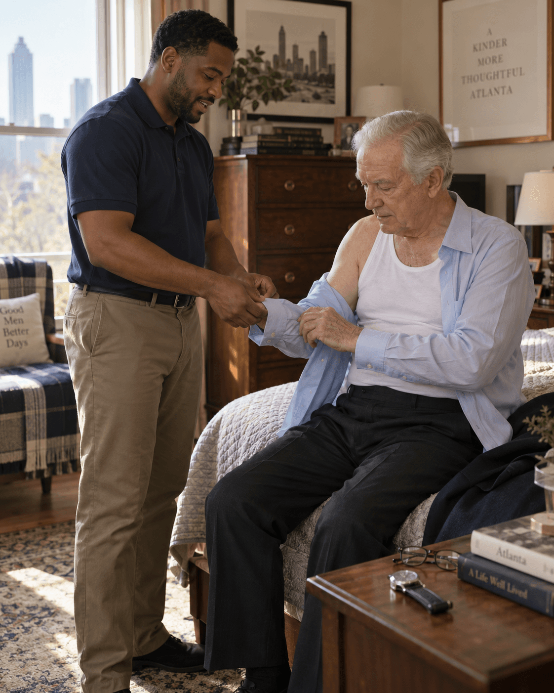 A male caregiver helping an older man into a dress shirt as he sits on the edge of his bed, both mid-conversation